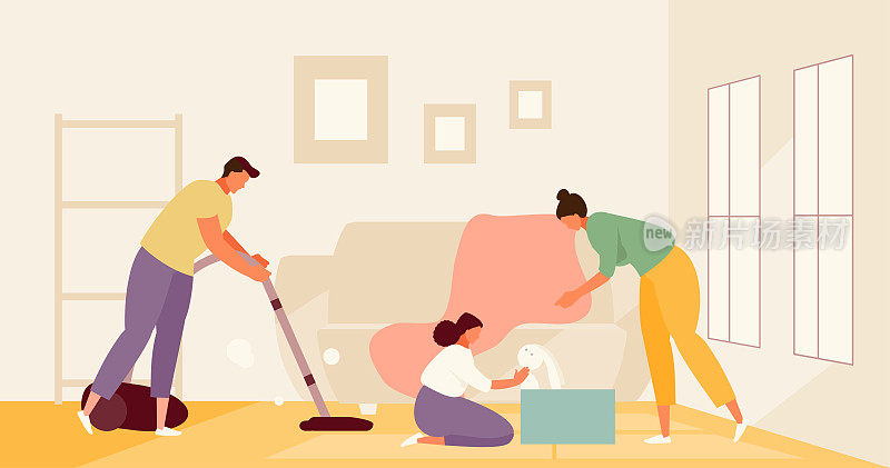 Family cleaning room together vector